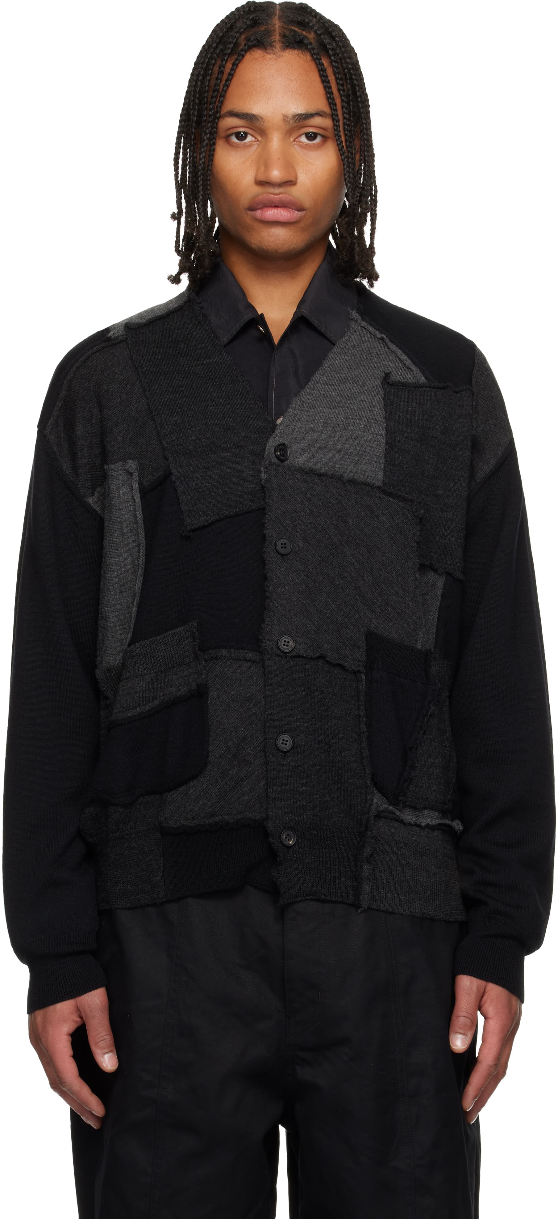 Black Worsted Wool Jersey Patchwork Cardigan - Image 1